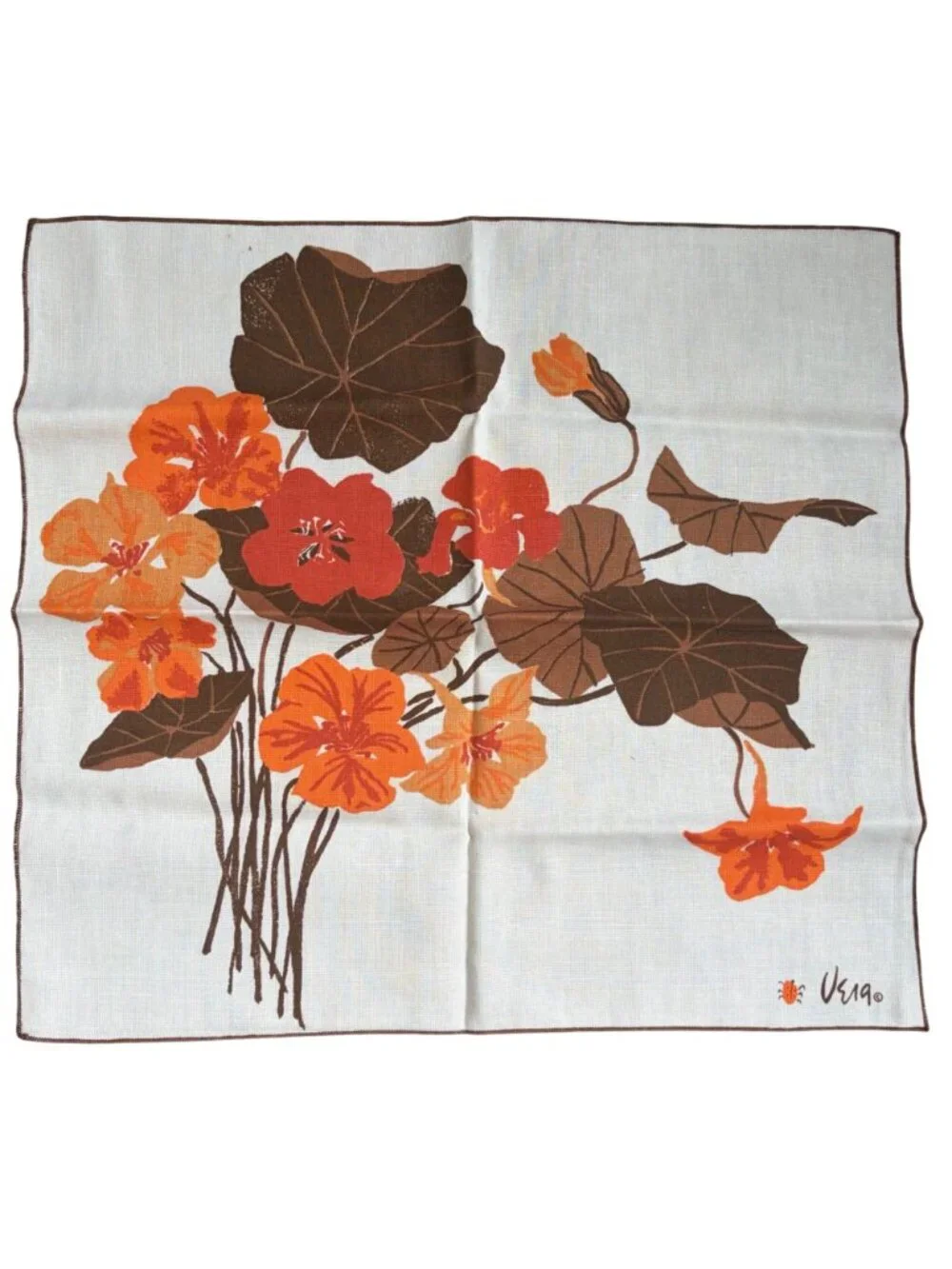 Vintage Vera Neumann Floral Napkins Set Of 4 White Orange Brown Cotton Ladybug